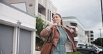 Businesswoman, dancing and happiness in metro with smile, shake and walk with bag for commute by office buildings. Person, employee or excited dancer with music, briefcase or outdoor on city sidewalk