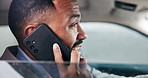 Businessman, talking and driving with phone call for work trip, discussion or travel in city. Black man, driver or employee speaking on mobile smartphone for business conversation, tour or commute