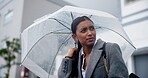 Outdoor, travel and woman with waiting in rain for late taxi, bus and transportation in street. Winter, stress and Indian person with umbrella in city for journey, thinking and anxiety in Mumbai