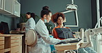 Checkup, dentist and patient with smile in office, equipment and tools for healthcare and dental health. Oral hygiene, gloves and doctors with woman, exam and ready for teeth whitening for client