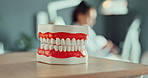 Teeth, veneers and office of dentist, table and prop for dental health, oral hygiene and healthcare. Medical, help and toothache, cavity and gum for clean in hospital, mouth and tooth in workplace