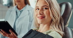 Woman, face and healthcare with dentist in office for dental care, oral hygiene and teeth whitening. Patient, smile and healthy mouth with orthodontist for veneers, cleaning and root canal therapy