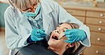 Woman, mouth and mirror for consultation at dentist, oral hygiene and wellness for fresh breath. Female person, assessment and orthodontic inspection for dental care, patient and tool to check