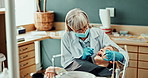 Woman, dentist and mirror for oral consultation, hygiene and mouth cleaning or excavator for cavity. Female person, assessment and orthodontic inspection for dental care, patient and tool to check