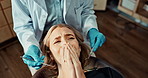 Woman, dentist and hands with tools or fear for root canal procedure or dental treatment, scared or consultation. Female person, anxiety and cleaning appointment or nervous for tooth, exam or worry