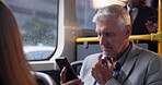 Bus, passenger and man reading in phone and travel in morning, communication and traffic for CEO. Entrepreneur, mature person and traveller in vehicle for public, journey and location in New York