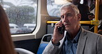 Bus, passenger and man with phone call, talking and travel in morning, communication and transport for CEO. Entrepreneur, mature person and vehicle for public, journey and anxiety in New York city