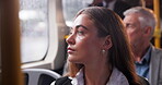 Business, girl and thinking on bus to commute to corporate job or career, thoughts and wondering of appointment or schedule. Woman, public transportation and travel to work in vehicle for journey.