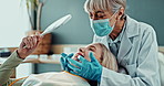 Check, woman or dentist with patient with mirror for treatment, dental care and results in healthcare. Hospital, mature employee or girl for teeth inspection, medical examination and consultation