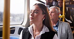 Earphones, music and woman in bus, travel and listening in morning to work, public transport and city. Vehicle, traffic and female employee with headphones, podcast and streaming online in New York