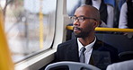 Thinking, black man and bus for travel, journey or morning commute to work in vehicle by window. Passenger, public transport or idea of professional salesman, nervous or planning future business trip