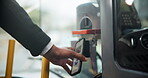 Hand, cellphone and public transport for travel payment or city commute, downtown or digital app. Person, smartphone and online purchase at machine for virtual ticket or tap, contactless or passenger