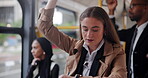 Business, girl and time on bus to commute to corporate job or career, hurry and thinking of appointment or schedule for meeting. Woman, public transportation and travel to work in vehicle for journey