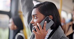 Business, woman and commute on bus and phonecall, talking and conversation on public transportation. Networking, morning and journey with smartphone, employee and Indian girl on metro with connection