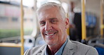Mature man, face and bus travel for business commute as startup ceo with public transportation, laughing or confident. Male person, smile and downtown street as broker with metro, traffic or city