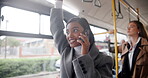 Business, woman and travel on bus and phonecall, talking and conversation on public transportation. Networking, morning and journey with smartphone, employee and Indian girl on metro with connection