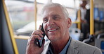 Phone call, travel and business man on bus for conversation or mature ceo laughing at comedy. Mobile, public transport and passenger talking to contact for funny news of salesman on morning commute