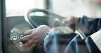 Hands, bus and driving public transportation as city service for passengers downtown, metro or journey. Person, steering wheel and vehicle for morning commute in Boston for traveling, traffic or job