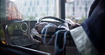 Hands, bus and driver of public transportation as city service for passengers downtown, metro or journey. Person, steering wheel and vehicle for morning commute in Boston or traveling, traffic or job