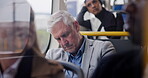 Tired, sleeping and business man on bus for travel, journey or wake up on morning commute. Passenger, public transport and relax for fatigue with mature ceo or salesman on trip in vehicle by window