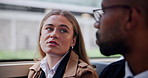 Black man, bus and conversation with woman for commute to work with traffic, talking and sitting by window. Corporate friends, public transport and urban travel for job with morning chat and journey