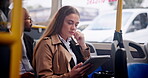 Woman, bus and tablet to browse internet for news update, report and current affairs with commuting to work. Female person, online and social media for communication or networking in public transport