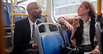 Black man, bus and talking with woman for commute to work with traffic, conversation and sitting by window. Corporate friends, public transport and urban travel for job with morning chat and journey