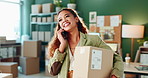 Woman, phone and talking at startup with order for sustainable fashion, communication with client. Female entrepreneur, mobile and box for business or online customer, happiness with organic cotton