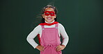 Comic, character and girl as superhero in studio with power on halloween, mockup and wind in space. Scifi, fantasy and kid as cosplay villain in fashion with confidence, pride and hope for justice