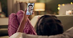 Woman, relax and wave to video call in home at night with virtual connection to man online with phone. Hello, chat and girl on sofa with internet, app or live streaming discussion with love and care