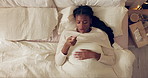 Woman, thermometer and mouth with sick in bed with tissue, flu and temperature check for fever in home. African person, medical tool and top view with blanket in bedroom for illness, health and virus