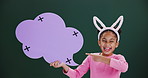 Bunny ears, girl face or hand pointing to speech bubble news, promo or easter competition on studio green background. Portrait, cloud space or social media prize giveaway or rabbit party theme invite