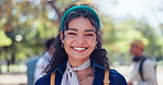 Smile, face and woman on university campus with bag for education, learning commitment or knowledge. Bokeh, portrait and happy student for fashion scholarship, studying or academic growth at school