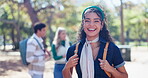 University, face and happy woman on campus with backpack for education, learning or knowledge. Bokeh, smile and portrait of student for fashion scholarship, studying or academic growth at school