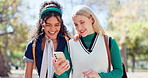 Happy, woman and friends with smartphone for social media and laughter at meme on commute to college. Smile, female people or students and mobile for funny joke or gossip on travel to university