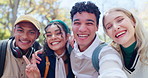 Selfie, summer and student friends outdoor on campus together for education, learning or study. Happy, portrait and smile with young learner people on break at college or university for development