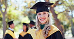 College, face and happy woman with graduation on campus for education, celebration or degree. Bokeh, smile and portrait of student for achievement, satisfaction or academic growth at university