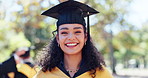 College, face and happy woman with graduation cap on campus for education, celebration or degree. Bokeh, smile and portrait of student for achievement, satisfaction or academic growth at school