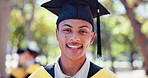 College, student and face at graduation outdoor in celebration of scholarship, success or education. Happy, graduate and man with achievement of degree, diploma and finished with study at university