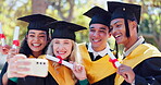 Friends, graduation and selfie with smile, campus and document of diploma from college and celebration. Gen z, women and men with happiness for achievement, university students and success with pride