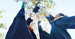 Students, caps and sky for graduation celebration, success and applause for ceremony of achievement for college semester. Friends, high five and happiness for accomplishment or diploma in engineering