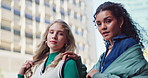 Portrait, friends and women in city for fashion, style and serious in streetwear outdoor. Face, together or confident girls in urban town in casual clothes, cool or diverse students in trendy outfit