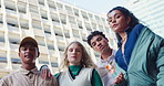 Gen z, friends and urban fashion in city with confidence, streetwear and outdoor for relax or bonding. Group, people and portrait with serious face, trendy style and casual outfit with diversity