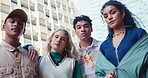 Gen z, people and urban fashion in city with confidence, streetwear and outdoor for relax or bonding. Group, friends and casual portrait with serious face, trendy style and low angle with diversity