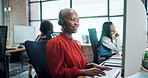 Office, help and customer service in call center with black woman in crm, b2b networking and sales. Telemarketing, chat and contact us to talk to technical support consultant with faq and advice
