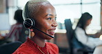 Office, help and customer service in call center with black woman in crm, b2b networking and sales. Telemarketing, chat and contact us to talk to technical support consultant with faq and advice