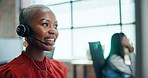 Help, office and black woman in customer service at call center for crm, b2b networking and sales. Telemarketing, chat and contact us to talk to technical support consultant with faq and advice