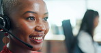 Office, help and black woman in customer service at call center for crm, b2b networking and sales. Telemarketing, chat and contact us to talk to technical support consultant with faq and advice
