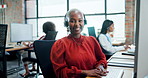 Happy, black woman and consultant with headphones in call center, customer service or telemarketing agency. Portrait of African, female person or agent with smile for online advice, help or support