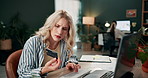 Credit card, ecommerce and laptop for purchase in office with technology and buying on website. Computer, confused and banking with online shop for female person in workplace with internet payment.